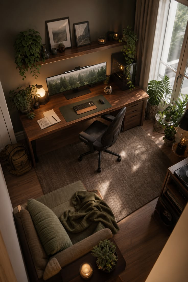 Cozy ultrawide gaming desk setup with warm lighting