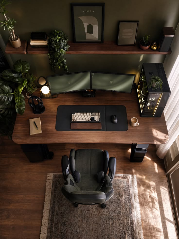 Earthy dual-monitor gaming desk setup