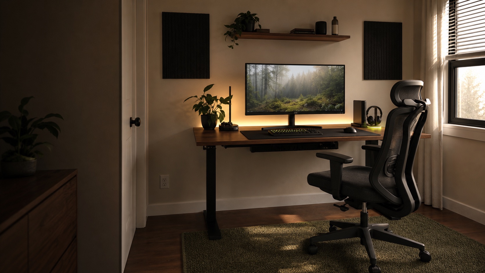 Warm minimal gaming room with a walnut desk, ultrawide monitor and plants